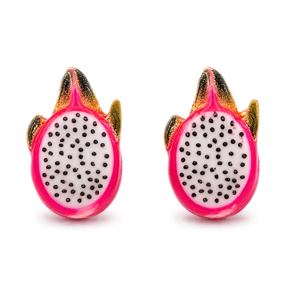 Front view of a pair of pink enamel pitaya dragon fruit magnetic clip-on stud earrings showing detailed white flesh and black seeds.