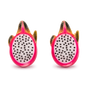 Front view of a pair of pink enamel pitaya dragon fruit magnetic clip-on stud earrings showing detailed white flesh and black seeds.