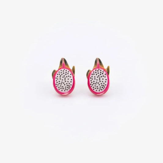 Front view of a pair of pink enamel pitaya dragon fruit magnetic clip-on stud earrings showing detailed white flesh and black seeds.