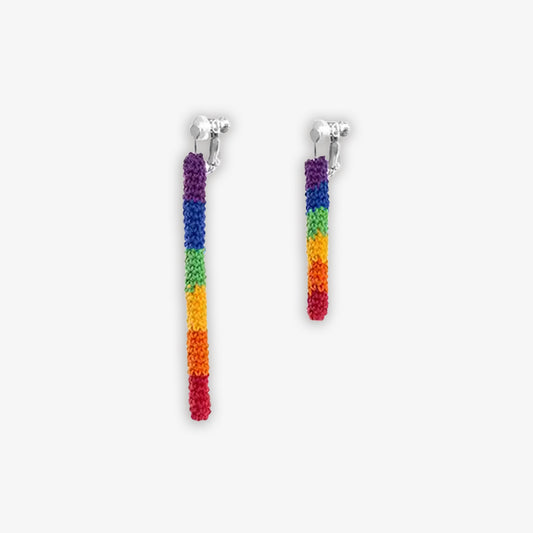 Handmade crochet dangle earrings in rainbow colors, perfect for pride parade or everyday wear.