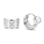 A pair of polished silver huggie hoop earrings on a clean white background. One earring is shown from the front, featuring a wavy, scalloped edge and an engraved X pattern, while the other is shown from the side/back, displaying its secure closure mechanism.