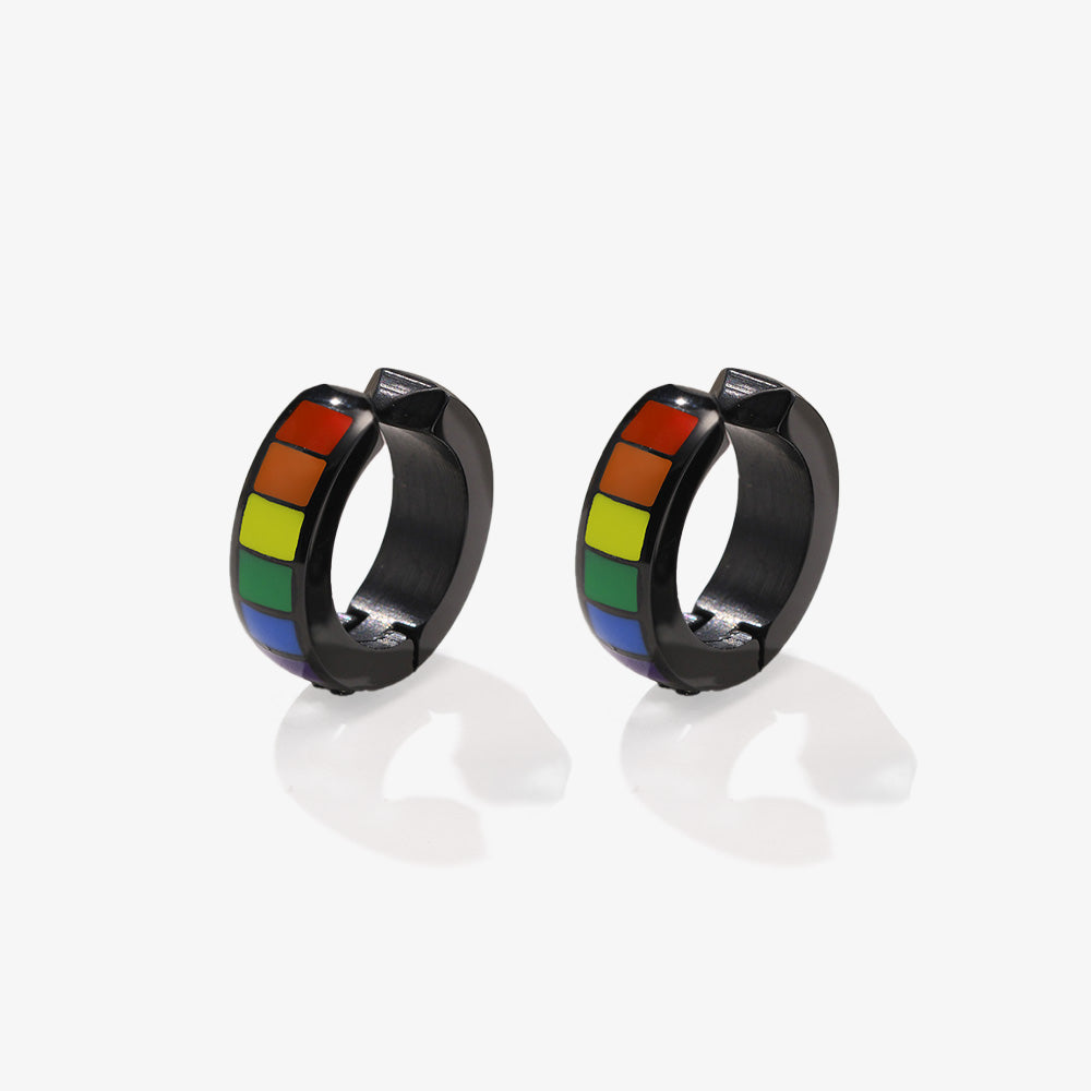 Black huggie hoop earrings featuring a vibrant rainbow pattern, symbolizing pride and inclusion. Perfect for expressing support for the lesbian and gay community. 