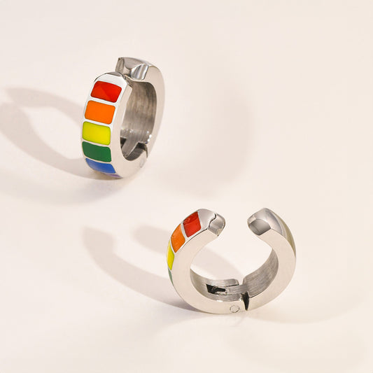 Silver hoop earrings with a rainbow stripe design. A powerful piece of pride jewelry, ideal for showing support and celebrating bisexual identity.