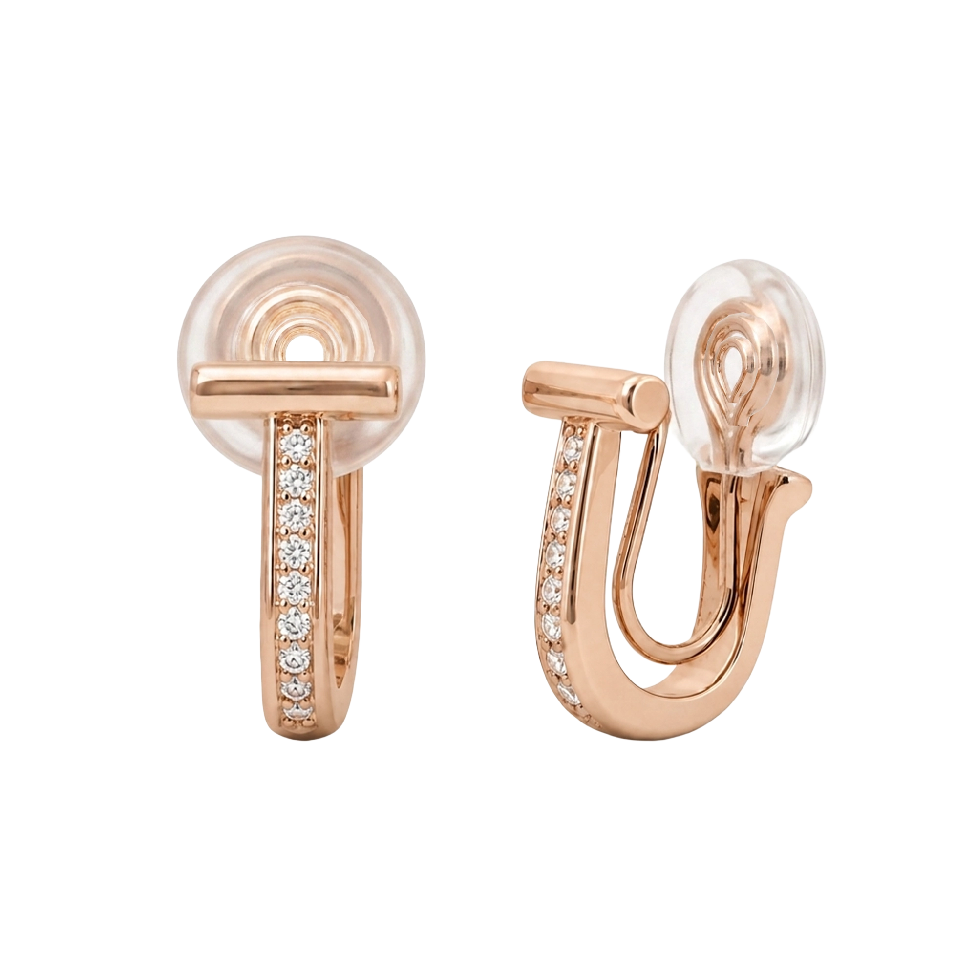 Close-up of rose gold T-motif huggie earrings featuring intricate micro pavé diamond settings on a clean background.