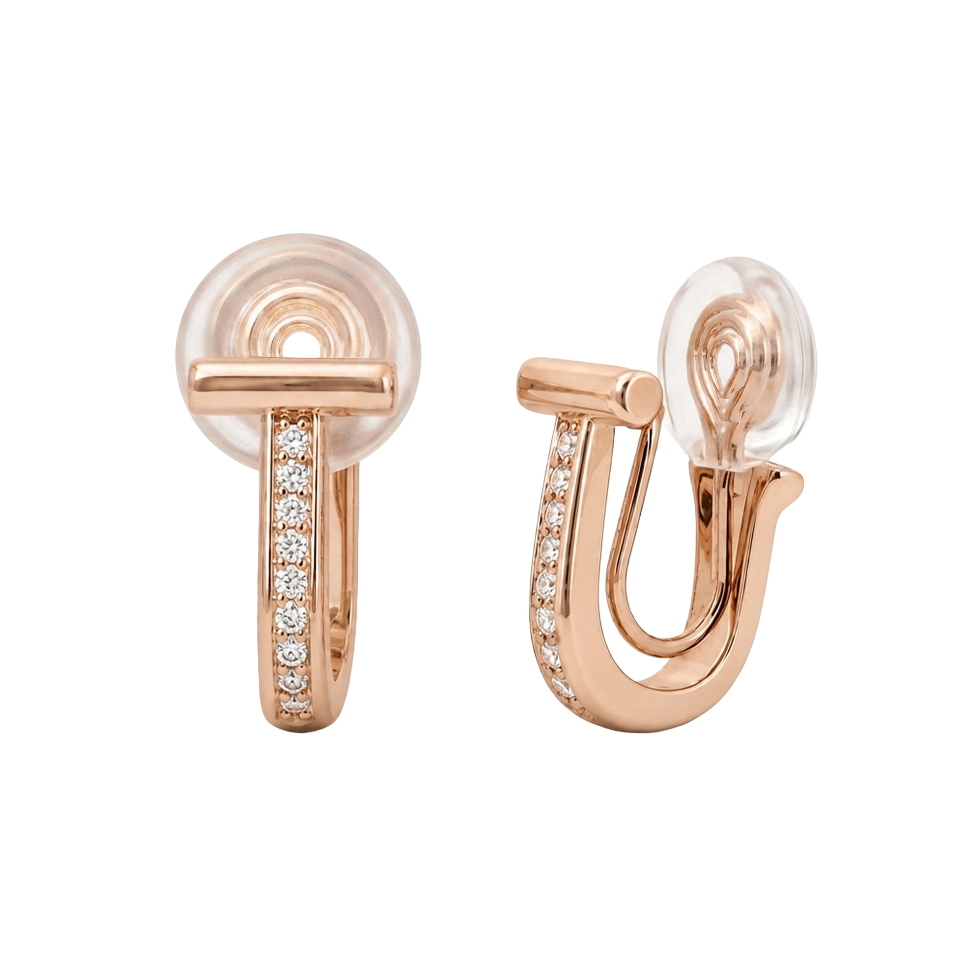 Close-up of rose gold T-motif huggie earrings featuring intricate micro pavé diamond settings on a clean background.