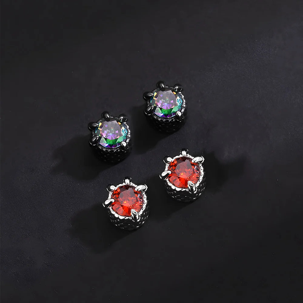 Ruby and mystic topaz dragon claw magnetic stud earrings in silver, gemstone color comparison