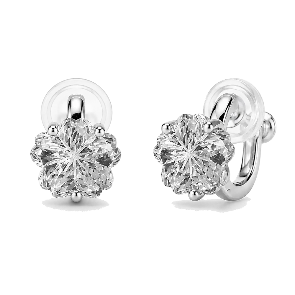 Pair of clear sakura flower cubic zirconia clip-on stud earrings with screw-back clips and clear resin pads