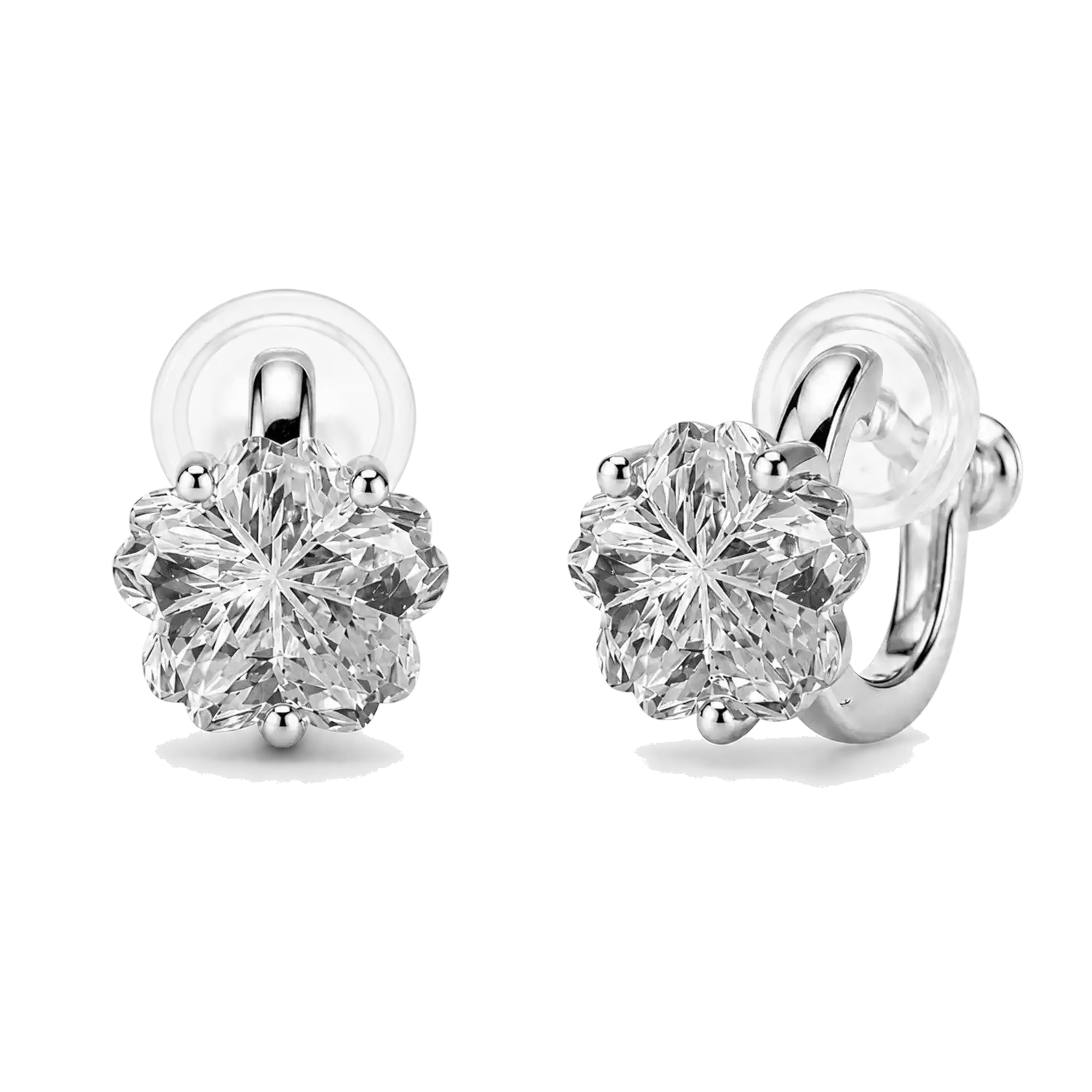 Pair of clear sakura flower cubic zirconia clip-on stud earrings with screw-back clips and clear resin pads