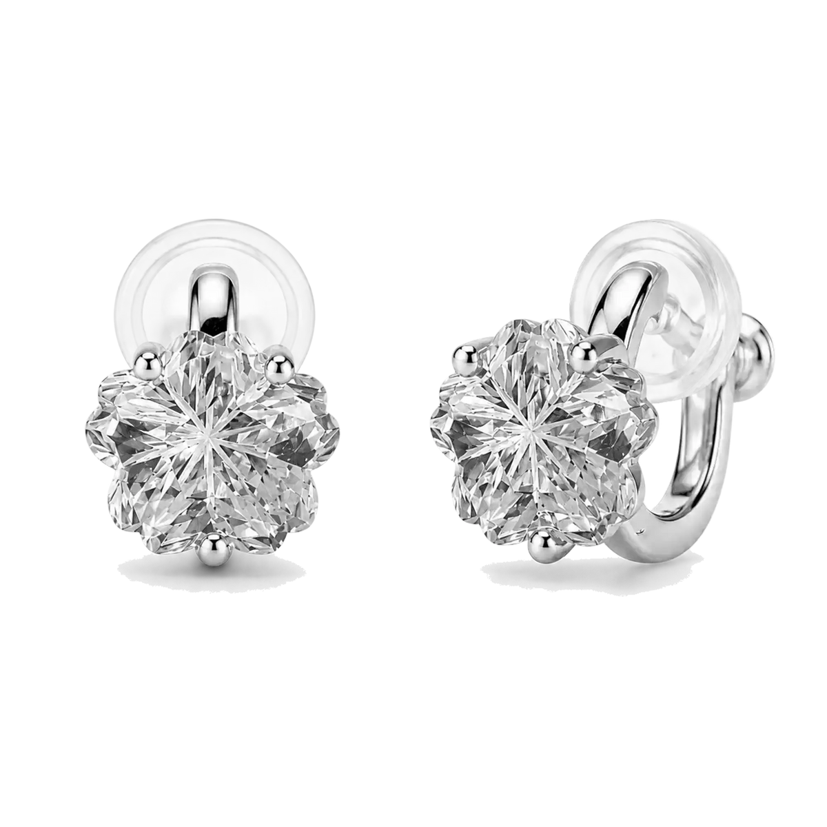 Pair of clear sakura flower cubic zirconia clip-on stud earrings with screw-back clips and clear resin pads