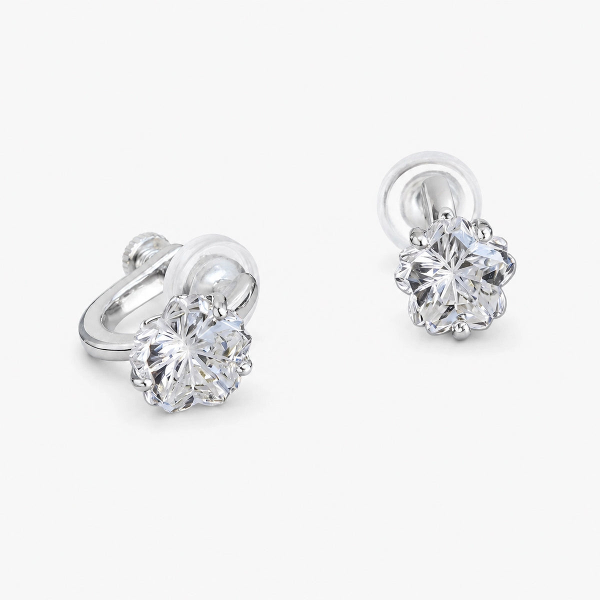 Side view of the screw-back clip behind a clear flower CZ clip-on stud in a silver-tone finish