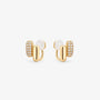 Front view of elongated pill-shaped rose gold huggie earrings with shining pavé cubic zirconia accents on a white background.