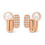 A pair of rose gold clip on huggie earrings featuring a polished rose gold bar, and a pavé-set rectangular cluster of clear stones, shown on a clean white background.