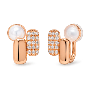 A pair of rose gold clip on huggie earrings featuring a polished rose gold bar, and a pavé-set rectangular cluster of clear stones, shown on a clean white background.