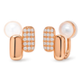A pair of rose gold clip on huggie earrings featuring a polished rose gold bar, and a pavé-set rectangular cluster of clear stones, shown on a clean white background.