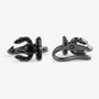 black hoop earrings featuring a stylized horseshoe design with a central faceted black gemstone and small black stones along the curved wings