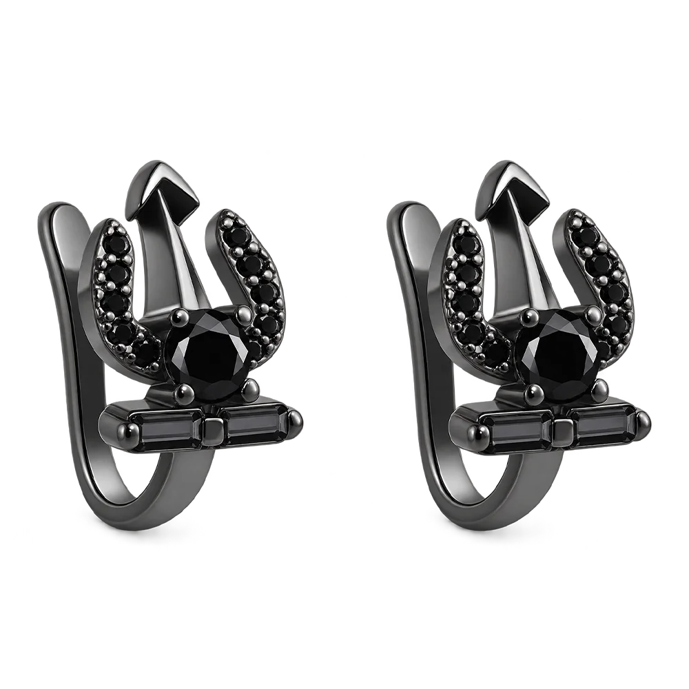A pair of black hoop earrings featuring a stylized horseshoe design with a central faceted black gemstone and small black stones along the curved wings, shown on a plain white background.