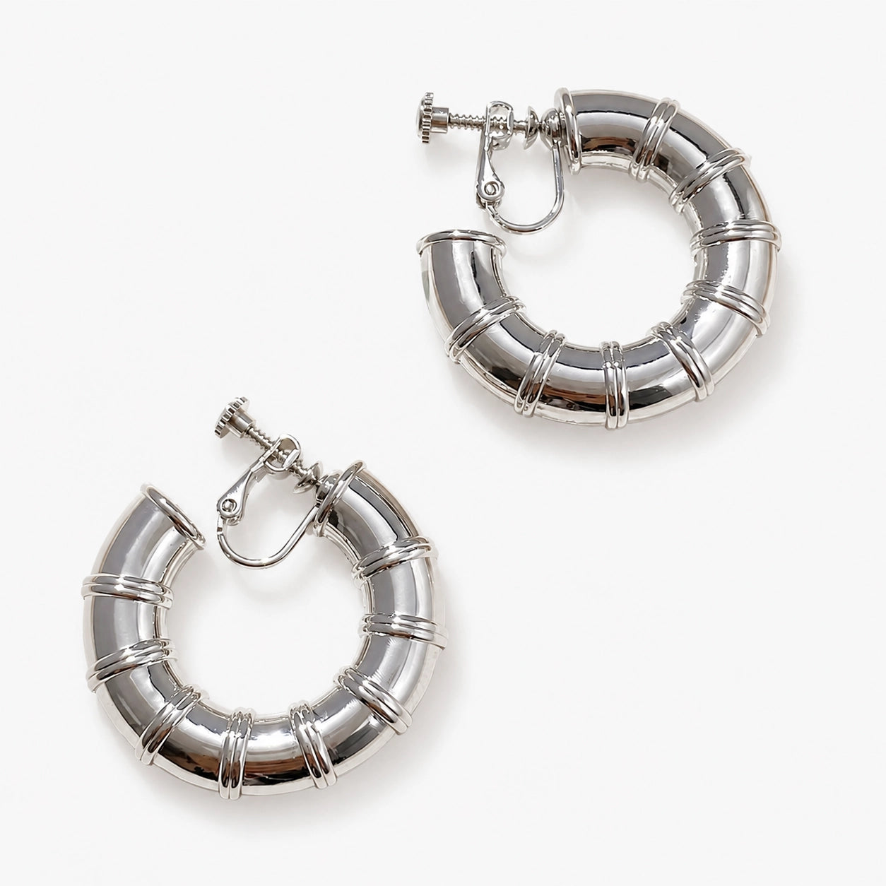 Silver Bamboo Screw Back Hoop Earrings Display