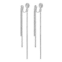 A pair of silver-toned long dangle earrings with multiple hanging chain strands, shown on a plain white background.
