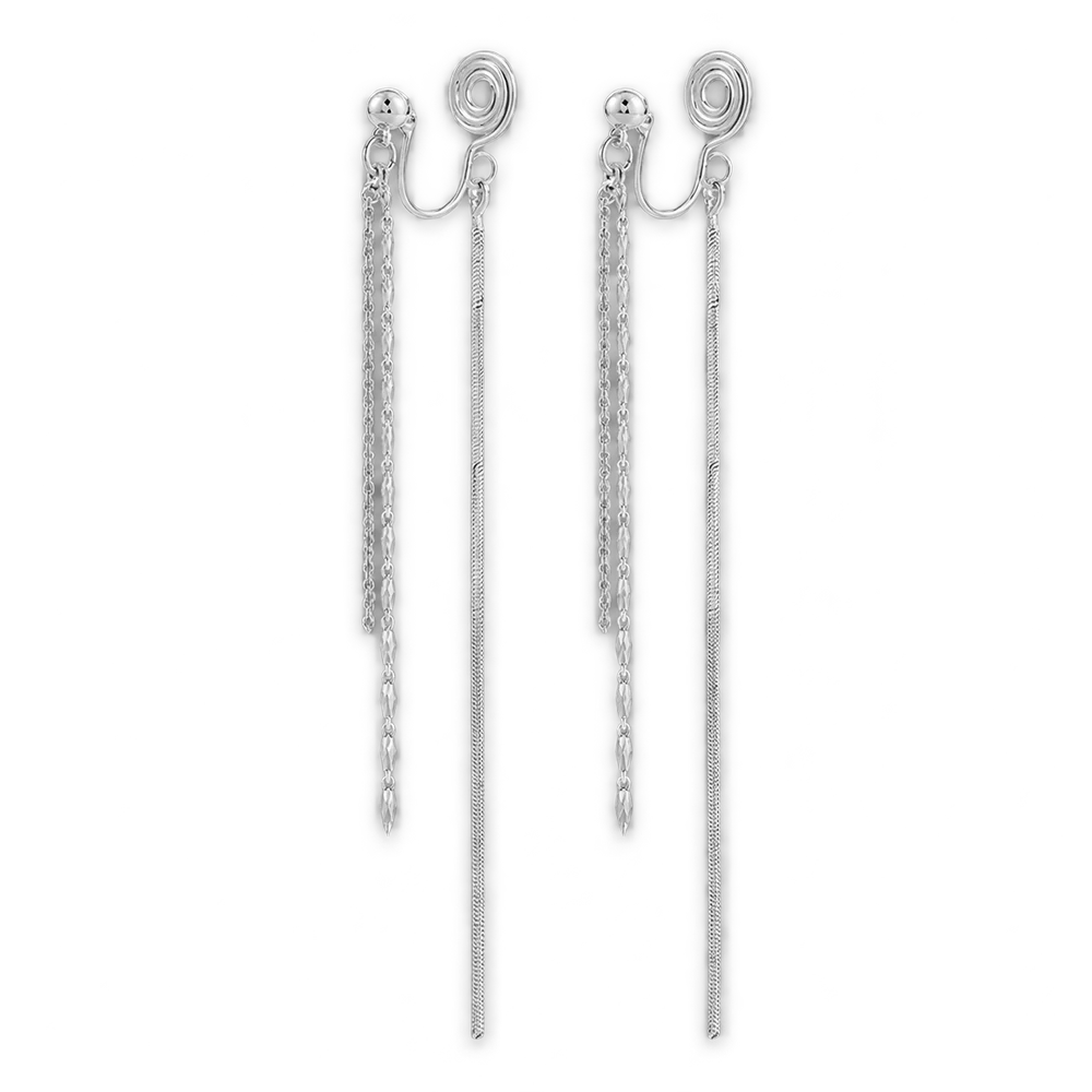 A pair of silver-toned long dangle earrings with multiple hanging chain strands, shown on a plain white background.