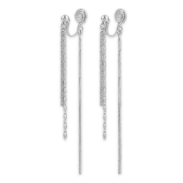 A pair of silver-toned long dangle earrings with multiple hanging chain strands, shown on a plain white background.