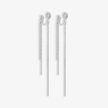 Silver chain chandelier clip-on earrings displayed flat lay on white background, showing long dangling design with spiral detail
