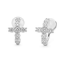A pair of silver hoop earrings with a cross-shaped front adorned with clear cubic zirconia stones, shown on a plain white background.