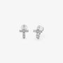 Silver cubic zirconia cross clip on huggie earrings shown as a pair from the front