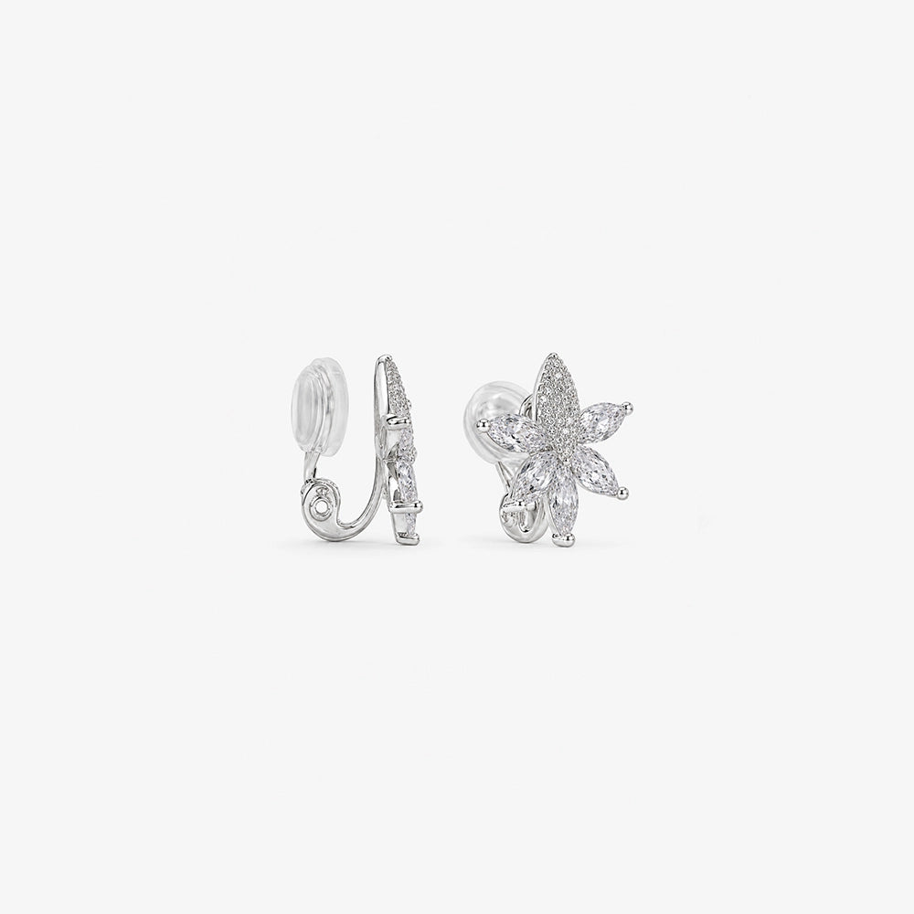 Silver crystal flower clip on earrings showing the adjustable clip on closure