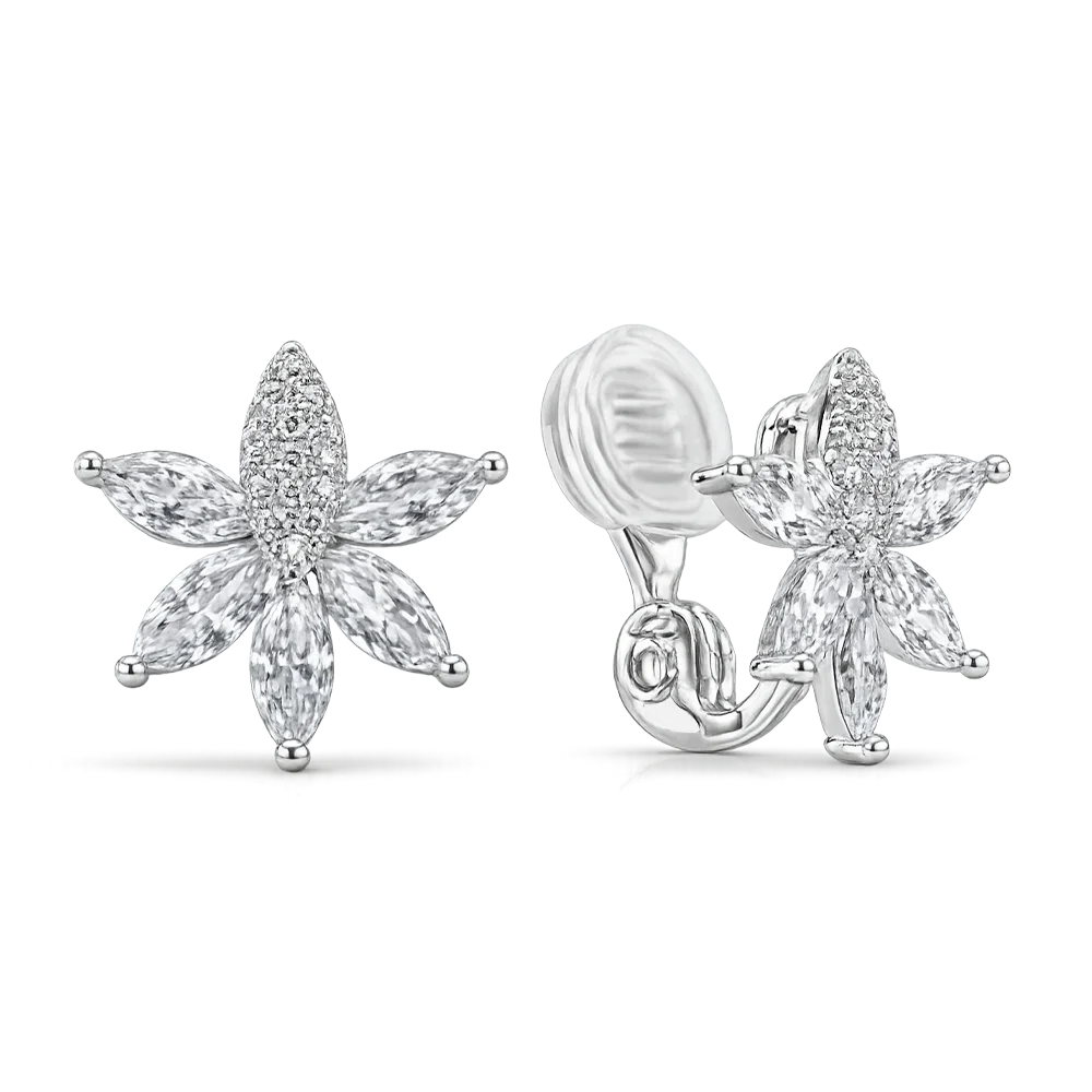A pair of silver flower-shaped stud earrings with marquise-cut clear stones, shown from the front and side on a clean white background.
