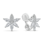 A pair of silver flower-shaped stud earrings with marquise-cut clear stones, shown from the front and side on a clean white background.