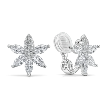 A pair of silver flower-shaped stud earrings with marquise-cut clear stones, shown from the front and side on a clean white background.