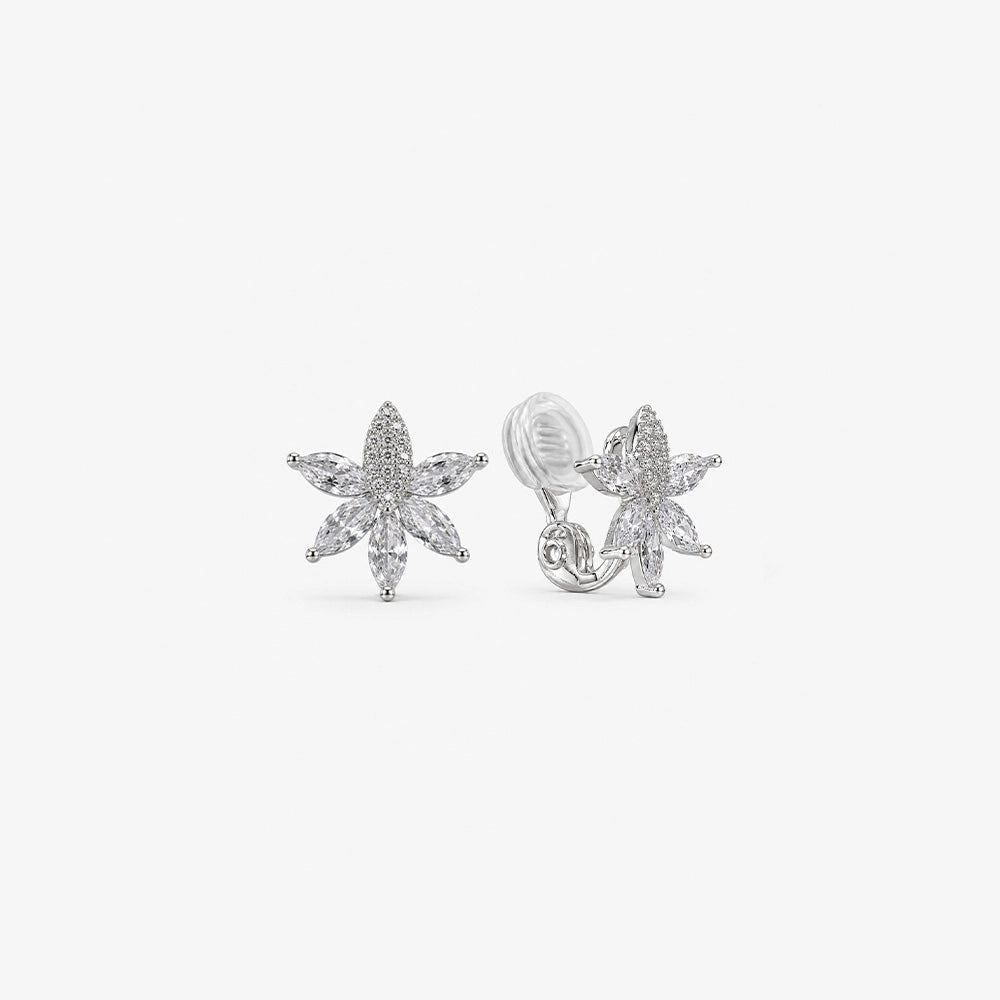 Pair of silver crystal flower clip on earrings with marquise cut stones