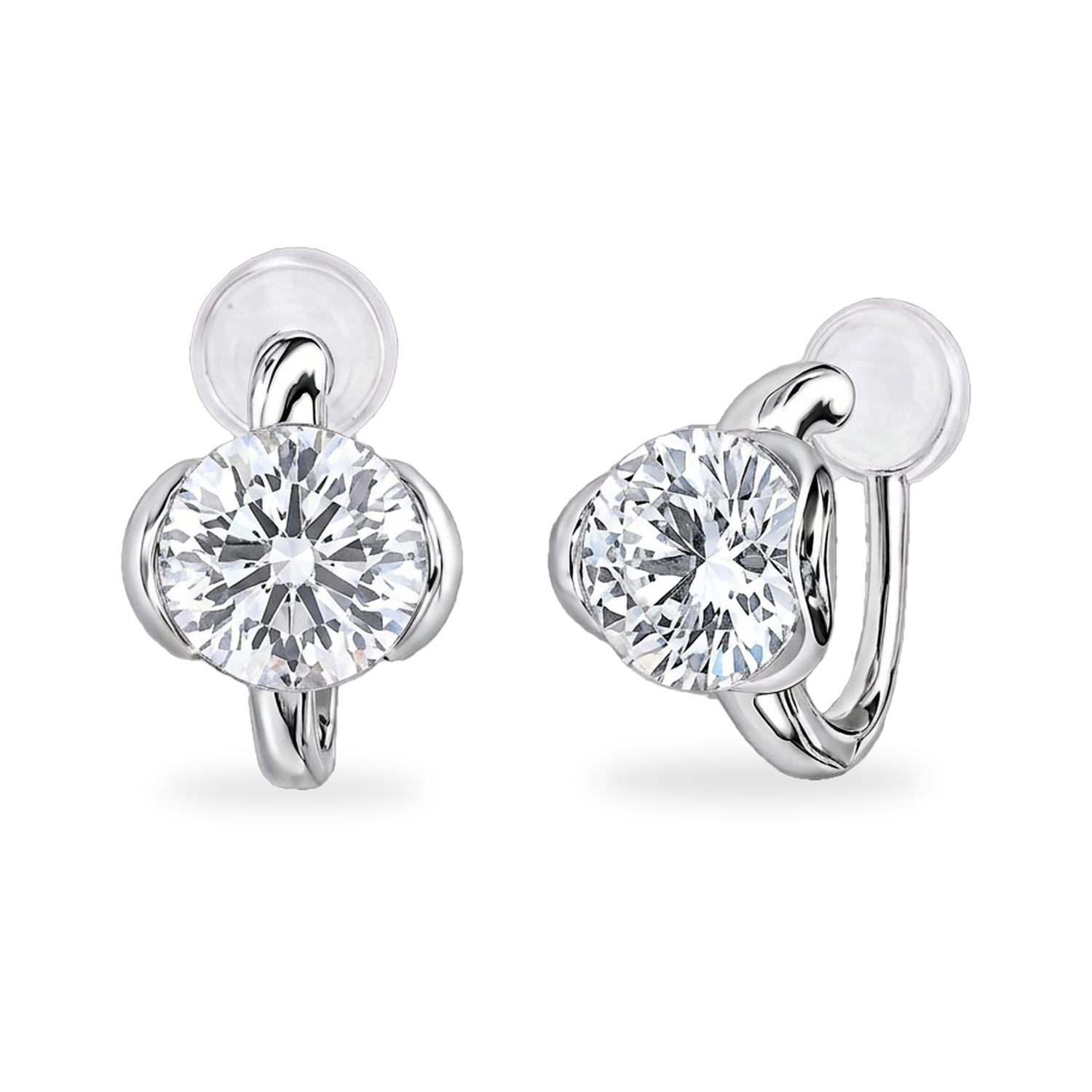 Pair of silver cubic zirconia solitaire clip on stud earrings shown from the front