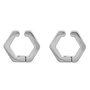 A pair of silver-toned geometric huggie hoop earrings with a hexagonal design, shown on a plain white background.
