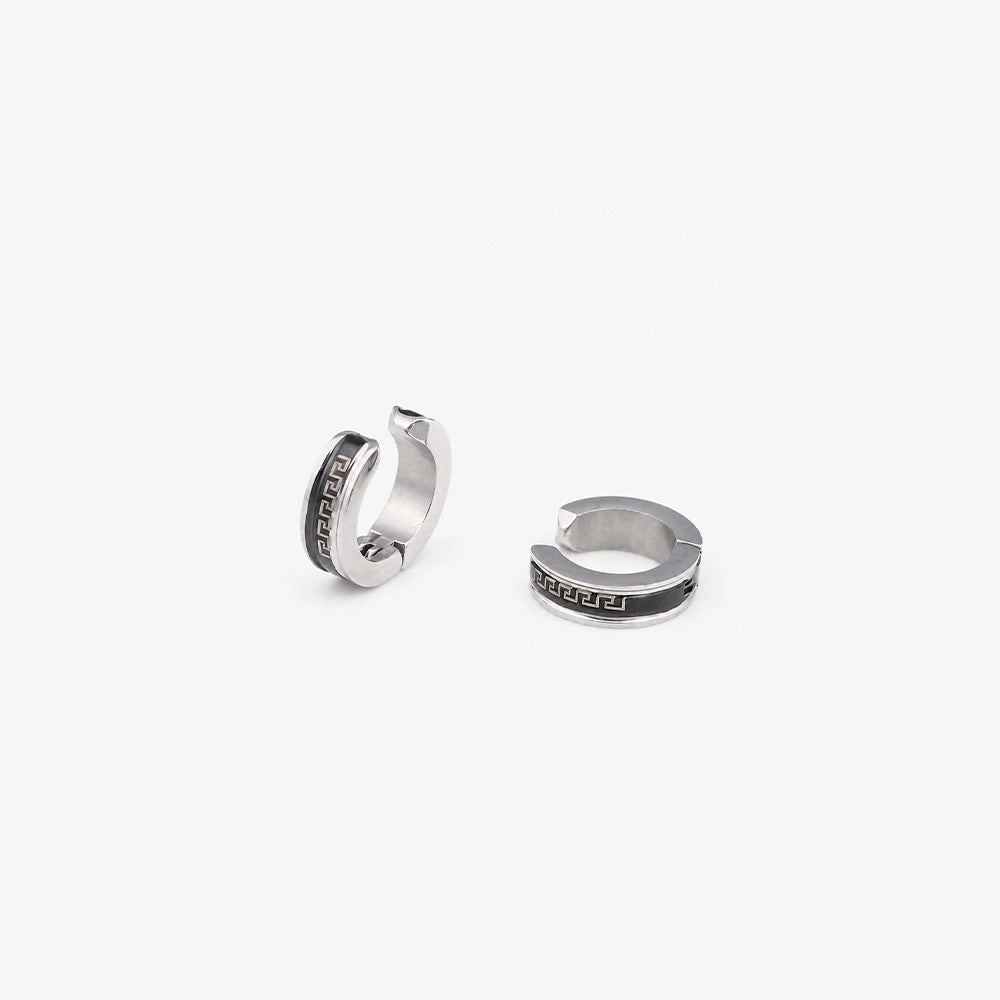Silver greek key clip on hoop earrings showing the hinged huggie closure open