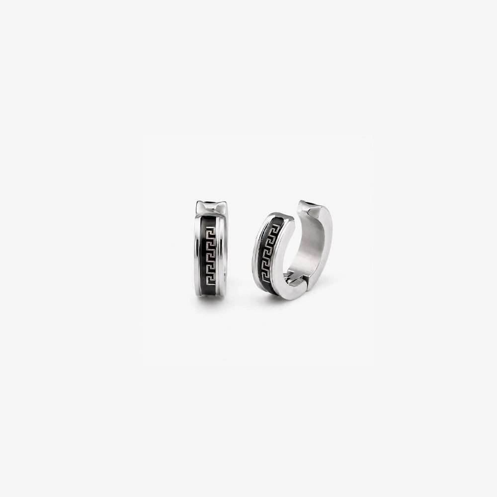 Pair of silver greek key clip on huggie hoop earrings with black meander pattern