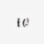 Pair of silver greek key clip on huggie hoop earrings with black meander pattern