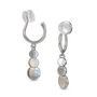 A pair of silver-toned dangle earrings with smooth, iridescent white shell-like disc elements, shown on a clean white background.