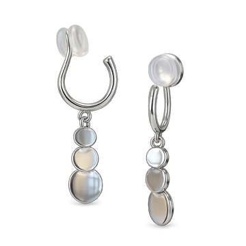 A pair of silver-toned dangle earrings with smooth, iridescent white shell-like disc elements, shown on a clean white background.
