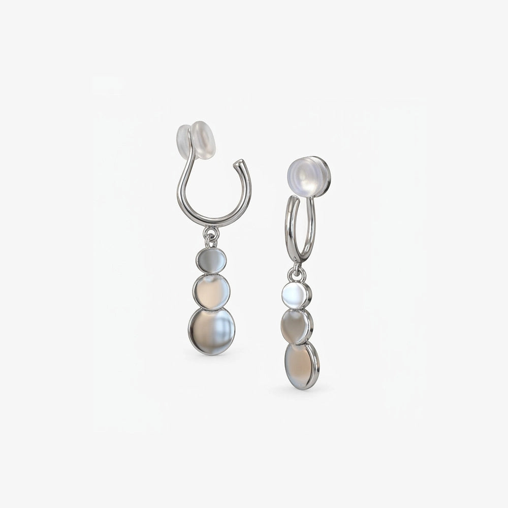 Pair of silver grey disc drop clip on earrings with three graduated discs