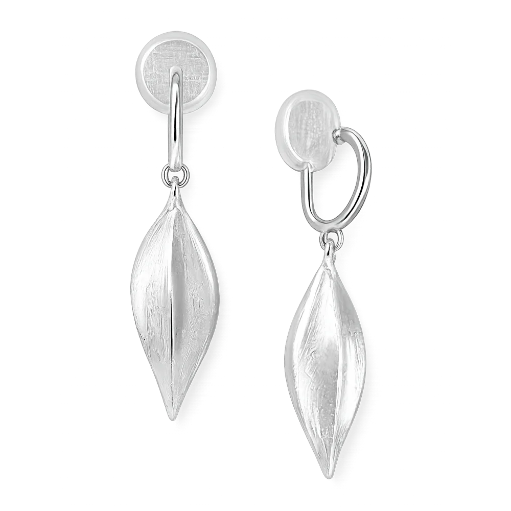 A pair of silver drop earrings with textured, leaf-like teardrop pendants and clip on pad, shown on a plain white background.