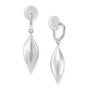 A pair of silver drop earrings with textured, leaf-like teardrop pendants and clip on pad, shown on a plain white background.