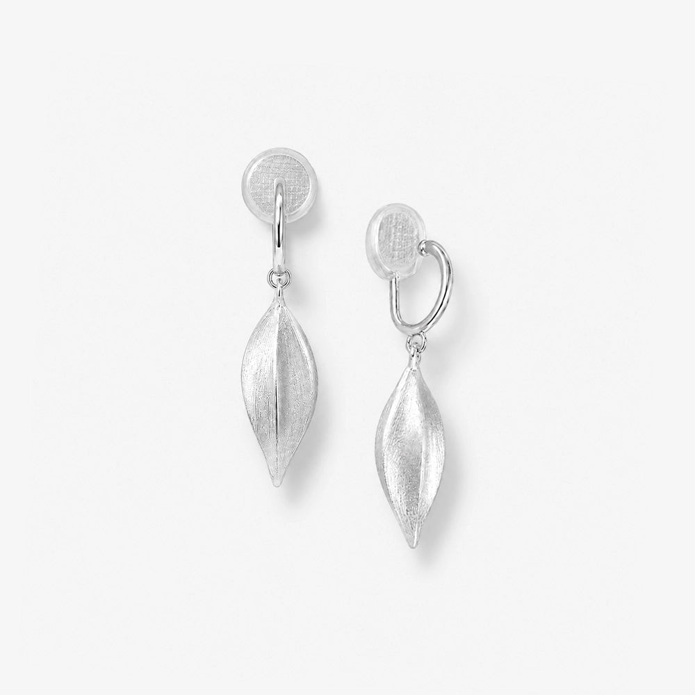 Pair of silver leaf drop clip on earrings with a brushed textured finish