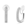 A pair of silver hoop earrings paved with clear cubic zirconia stones, shown from the front and side on a clean white background.