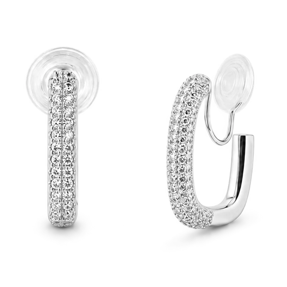 A pair of silver hoop earrings paved with clear cubic zirconia stones, shown from the front and side on a clean white background.