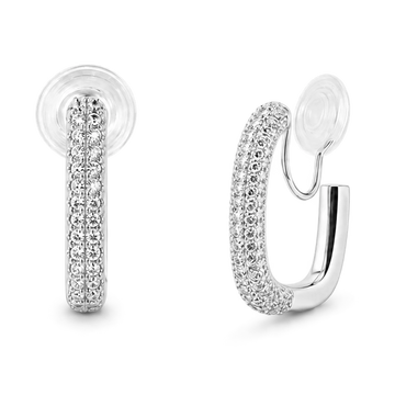 A pair of silver hoop earrings paved with clear cubic zirconia stones, shown from the front and side on a clean white background.