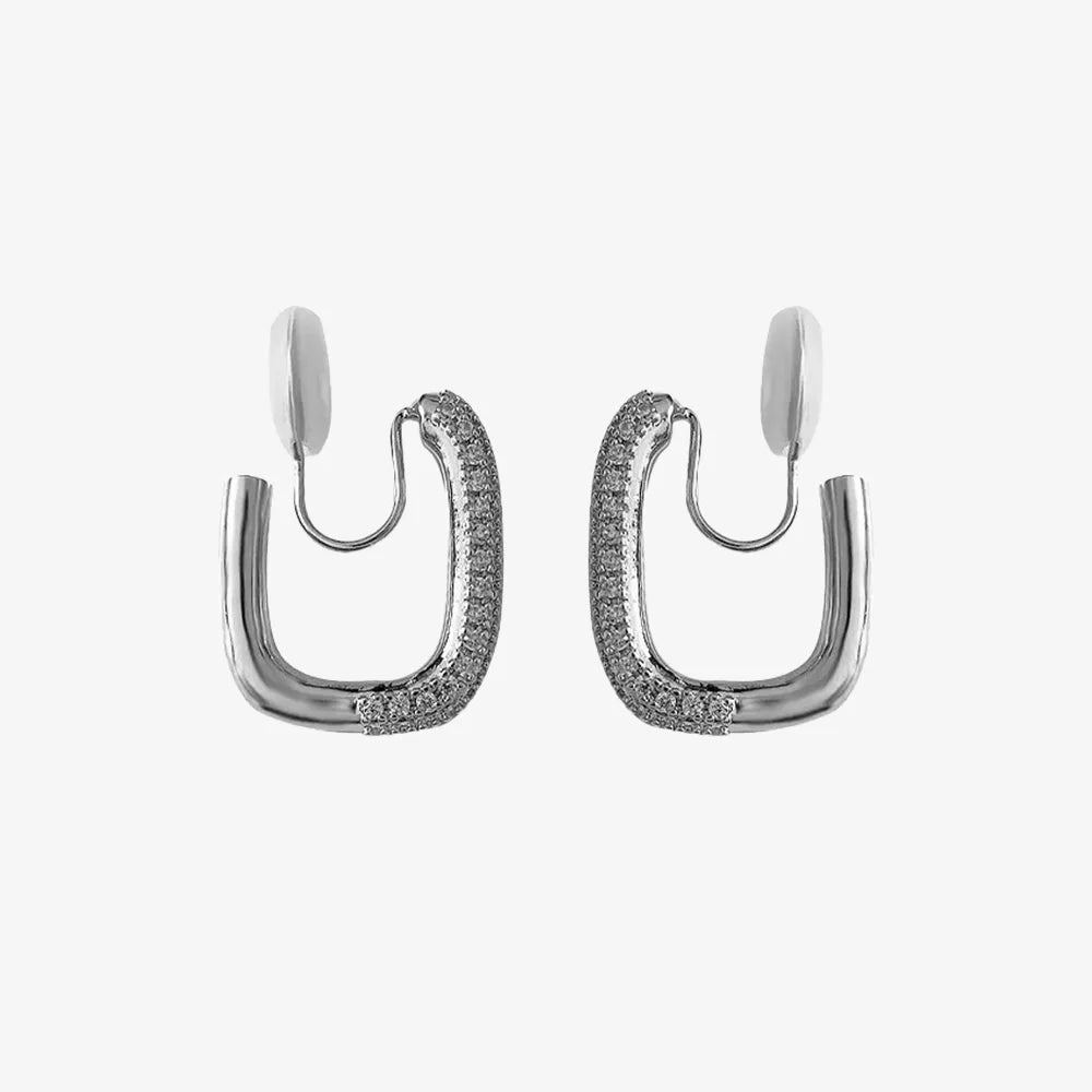 A pair of silver rectangular square-edge clip-on hoop earrings with pave cubic zirconia detailing and invisible U-type closures.
