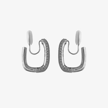 A pair of silver rectangular square-edge clip-on hoop earrings with pave cubic zirconia detailing and invisible U-type closures.