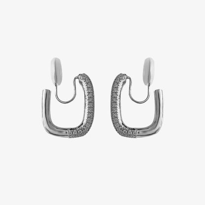A pair of silver rectangular square-edge clip-on hoop earrings with pave cubic zirconia detailing and invisible U-type closures.