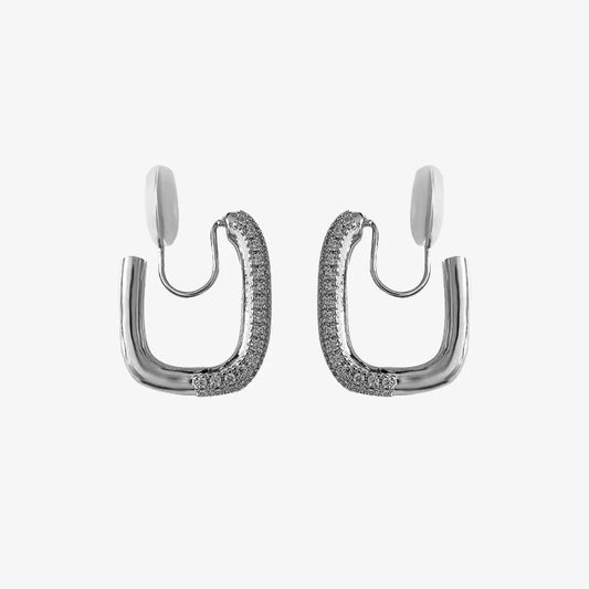 A pair of silver rectangular square-edge clip-on hoop earrings with pave cubic zirconia detailing and invisible U-type closures.